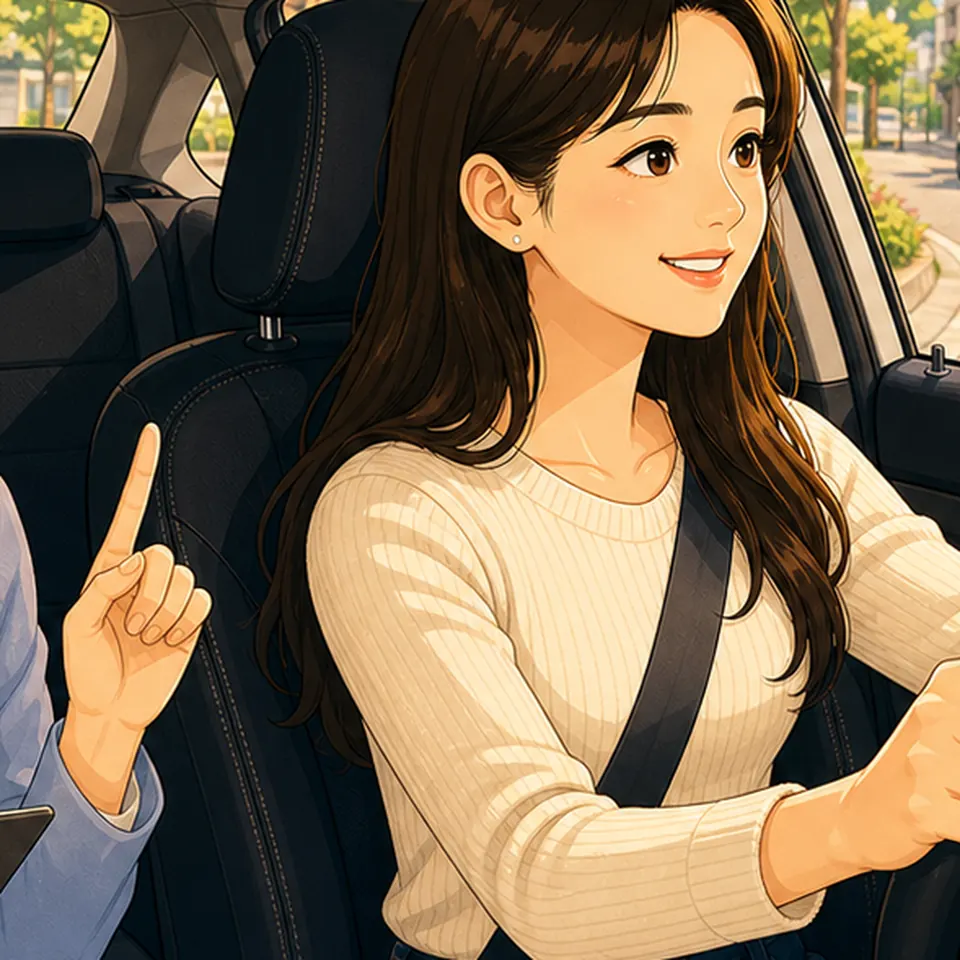 차 안에서 안내를 듣는 초보 운전자 일러스트 · 초보운전연수 학습 안내용 AI 예시