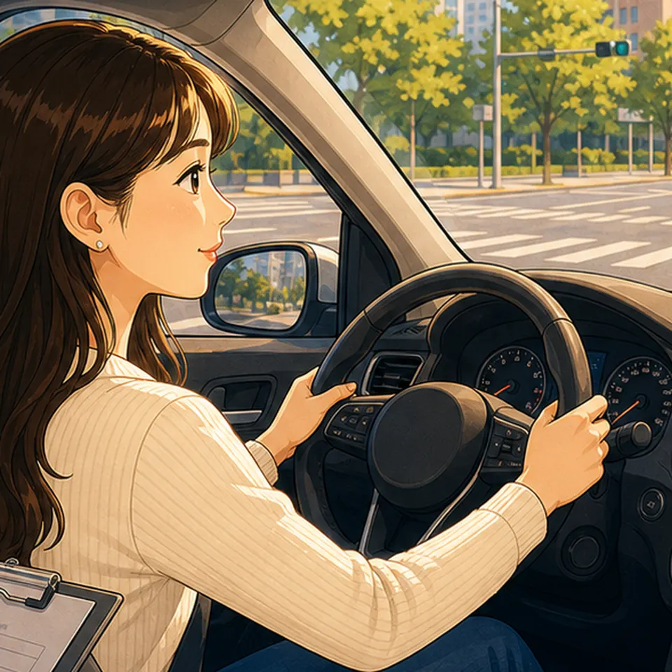 생활도로 차폭과 회전을 연습하는 일러스트 · 출퇴근운전연수 학습 안내용 AI 예시